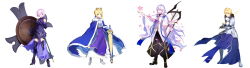  2boys 2girls absurdres ahoge arm_up armor armored_boots armored_dress arthur_pendragon_(fate) artoria_pendragon_(all) artoria_pendragon_(fate) avalon_(fate/stay_night) black_footwear black_hood black_pants black_shirt blonde_hair blue_cloak blue_dress blue_stole boobplate boots braid breastplate breasts cloak closed_mouth crown dress excalibur_(fate/prototype) excalibur_(fate/stay_night) fate/grand_order fate_(series) faulds flower full_body fur-trimmed_cloak fur_trim gauntlets green_eyes grey_hair hair_between_eyes hair_ornament hair_over_one_eye hair_ribbon hand_on_own_chest high_heel_boots high_heels highres holding holding_shield holding_staff holding_sword holding_weapon hood hood_down long_hair long_sleeves looking_at_viewer lord_camelot_(fate) mash_kyrielight medium_breasts merlin_(fate) multiple_boys multiple_girls one_eye_covered pants pauldrons petals pink_flower pink_hair puffy_pants purple_eyes ribbon robe saber_(fate) sheath sheathed shield shirt short_hair shoulder_armor simple_background smile staff stole sword very_long_hair weapon white_background white_robe wide_sleeves xuehua 