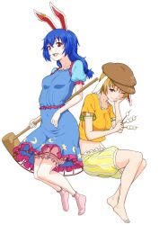  2girls ;) animal_ears barefoot blonde_hair bloomers blue_dress blue_hair breasts cabbie_hat closed_mouth commentary_request crescent_print dango dress food full_body hat highres holding holding_food kakone kine low_twintails mallet multiple_girls navel one_eye_closed open_mouth orange_shirt pink_footwear rabbit_ears rabbit_girl red_eyes ringo_(touhou) seiran_(touhou) shirt short_hair shorts small_breasts smile star_(symbol) star_print striped_clothes striped_shorts teeth touhou twintails underwear upper_teeth_only wagashi yellow_shorts 