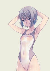 1girl branch_(blackrabbits) breasts collarbone commentary_request competition_swimsuit covered_navel cowboy_shot grey_background grey_eyes grey_hair highleg highleg_swimsuit highres one-piece_swimsuit original see-through_one-piece_swimsuit see-through_swimsuit short_hair small_breasts swimsuit two-tone_swimsuit wet wet_clothes wet_swimsuit white_one-piece_swimsuit