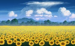  blue_sky cloud field flower flower_field forest game_cg garden_of_the_sun justinas_vitkus landscape leaf mountainous_horizon nature no_humans official_art outdoors sky sunflower sunflower_field third-party_source touhou touhou_cannonball tree yellow_flower 