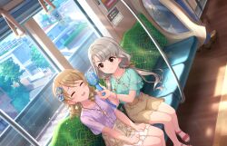2girls braid braided_bangs brown_hair building center_frills closed_eyes frills game_cg grey_eyes grey_hair hand_fan hisakawa_nagi idolmaster idolmaster_cinderella_girls idolmaster_cinderella_girls_starlight_stage jewelry low_twintails morikubo_nono multiple_girls necklace official_art open_mouth ringlets sandals sitting skirt toes train_interior tree twintails