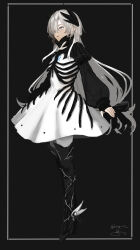  1girl alternate_costume arms_at_sides black_background black_ribbon boots clothing_request dress expressionless grey_eyes grey_hair hair_ornament hair_over_one_eye hair_ribbon highres inset_border isekai_joucho isshiki_(ffmania7) juliet_sleeves kamitsubaki_studio long_hair long_sleeves looking_ahead low-tied_long_hair one_eye_covered outside_border pantyhose parted_lips puffy_long_sleeves puffy_sleeves ribbon short_dress signature simple_background solo thigh_boots thumb_hole_sleeves turtleneck virtual_youtuber white_dress white_pantyhose 