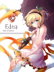 10s 1girl bare_shoulders blonde_hair blue_eyes breasts character_name copyright_name dress edna_(tales) flower gloves hair_ornament hairband highres ribbon short_hair side_ponytail smile tales_of_(series) tales_of_zestiria umbrella rating:Sensitive score:1 user:wereAR