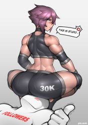 ... 1girl absurdres anger_vein artist_name ass back blue_eyes blush breasts commentary english_commentary english_text highres large_breasts maya_(roadi3) milestone_celebration muscular muscular_female original purple_hair roadi3 scar scar_on_face scar_on_nose short_hair sitting sitting_on_face sitting_on_person speech_bubble spoken_anger_vein thumbs_up twitter_username watermark rating:Questionable score:128 user:danbooru