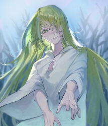  1other blush closed_mouth enkidu_(fate) fate/grand_order fate_(series) film_grain floating_hair green_eyes green_hair hair_over_one_eye highres long_hair long_sleeves looking_at_viewer outstretched_arm robe smile solo upper_body white_robe zuraa_(naunau_seijin) 