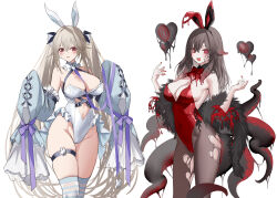  2girls alternate_costume anchorage_(azur_lane) animal animal_ears ass azur_lane bare_shoulders black_pantyhose blush bow bowtie breasts brown_hair chest_strap cleavage clothing_cutout collar commentary detached_collar fake_animal_ears fingernails frilled_collar frills hair_between_eyes hair_intakes heart heart-shaped_pupils heart_cutout highleg highleg_leotard highres large_breasts leotard manjuu_(azur_lane) multiple_girls nail_polish navel navel_cutout open_mouth pantyhose playboy_bunny pottsness purple_eyes rabbit_ears red_bow red_bowtie red_eyes red_leotard red_nails royal_fortune_(azur_lane) sleeveless smile strapless strapless_leotard symbol-shaped_pupils tentacle_hair tentacles thigh_strap torn_clothes torn_pantyhose white_leotard wing_collar 