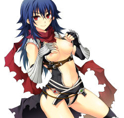  1girl akira_(139931) armor assassin_cross_(ragnarok_online) bangs black_cape black_gloves black_shirt blue_hair blush breasts cape closed_mouth colorized commentary_request cowboy_shot dutch_angle elbow_gloves eremes_guile eyebrows_visible_through_hair fingerless_gloves gauntlets genderswap genderswap_(mtf) gloves hair_between_eyes highres long_hair looking_at_viewer medium_breasts navel nipples open_clothes open_shirt pauldrons ragnarok_online red_eyes red_scarf revealing_clothes scarf shirt shirt_pull shoulder_armor simple_background smile solo sptbird torn_cape torn_clothes torn_scarf waist_cape white_background 