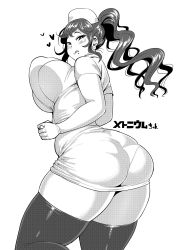 1girl :q ass blush bouncing_breasts breasts curvy dress fig_sign flirting greyscale highres huge_ass huge_breasts monochrome narrow_waist nurse pantylines penetration_gesture plump short_dress skin_tight skindentation solo synecdoche thick_thighs thighhighs thighs tight_clothes tongue tongue_out wide_hips rating:Questionable score:73 user:danbooru