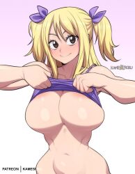  1girl blonde_hair breasts brown_eyes closed_mouth fairy_tail kameseru large_breasts lucy_heartfilia simple_background solo twintails white_background  rating:Questionable score:34 user:jojosstand