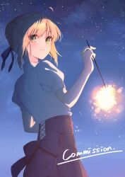  1girl absurdres ahoge artoria_pendragon_(all) artoria_pendragon_(fate) blonde_hair blue_bow blue_ribbon blue_skirt bow bow_skirt braid braided_bun commission cowboy_shot cross-laced_clothes cross-laced_skirt english_text fate/stay_night fate_(series) fireworks from_behind green_eyes hair_bun hair_ribbon hand_up highres holding_fireworks light_blush light_smile looking_at_viewer looking_back night night_sky nozawa_noko outdoors puffy_short_sleeves puffy_sleeves ribbon saber_(fate) shirt short_sleeves skeb_commission skirt sky solo sparkler star_(sky) white_shirt 