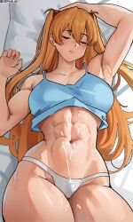  1girl abs absurdres armpits bed breasts closed_eyes cromwellb cum cum_on_body curvy highres interface_headset large_breasts long_hair muscular muscular_female neon_genesis_evangelion orange_hair panties signature sleeping solo souryuu_asuka_langley tank_top the_end_of_evangelion thong toned twintails underwear wide_hips  rating:Explicit score:92 user:danbooru