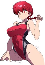  1girl batta_16-sei braid braided_ponytail breasts competition_swimsuit covered_navel cowboy_shot highleg highleg_swimsuit highres large_breasts long_hair one-piece_swimsuit ranma-chan ranma_1/2 red_eyes red_hair red_one-piece_swimsuit solo straddling swimsuit two-tone_swimsuit 