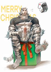  1boy absurdres animal_ears arknights aroused_nosebleed bara clothes_lift cum doctor_(arknights) ejaculation feet full_body furry furry_male handsfree_ejaculation heart highres hujusheng large_pectorals male_focus male_underwear male_underwear_pull merry_christmas mountain_(arknights) muscular muscular_male open_mouth pectorals projectile_cum scar scar_across_eye shirt_lift short_hair solo_focus spread_legs thick_eyebrows thumbs_up tiger_boy tiger_ears tongue tongue_out uncensored underpec underwear white_hair 