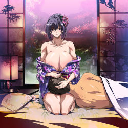  1boy 1girl bare_shoulders breasts brown_hair cleavage ear_cleaning flower hair_flower hair_ornament happy highres huge_breasts indoors japanese_clothes kimono lap_pillow mature_female mimikaki mole mole_under_mouth nail_polish no_bra original purple_eyes purple_hair q_azieru red_nails seiza short_hair sitting smile  rating:Questionable score:133 user:danbooru
