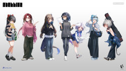  6+girls :3 :d ;d absurdres adidas ahoge airi_kanna akane_lize alternate_costume alternate_hairstyle animal_ear_fluff animal_ears antenna_hair arahashi_tabi armpit_crease ayatsuno_yuni backpack badge bag bare_arms bare_legs bare_shoulders black_bag black_footwear black_hair black_hairband black_jacket black_leggings black_pants black_ribbon black_skirt black_tail blonde_hair blue_eyes blue_footwear blue_hair blue_jacket blue_pants blue_shirt blue_shorts blue_tail blue_tank_top blue_wristband blush book bow bracelet breasts brown_hair brown_shirt button_badge cat_ears cat_girl cat_tail character_charm charm_(object) closed_mouth clothes_around_waist collarbone collared_shirt colored_inner_animal_ears colored_inner_hair commentary_request contrapposto copyright_name crocs cross cross-laced_footwear cross-shaped_pupils cross_earrings denim double-parted_bangs dragon_girl dragon_tail drawstring drop_earrings drumsticks ear_piercing earrings eyes_visible_through_hair eyewear_on_head fang fang_out firehippo flute flying_paper footwear_ornament footwear_request forehead_tattoo frown furrowed_brow gangzi_(vtuber) gradient_background gradient_hair gradient_tail green_bag green_footwear green_pants grey_background grey_eyes grey_hair grey_pants grey_shirt grey_sweater grey_tail guitar_case hair_between_eyes hair_bow hair_bun hair_intakes hair_ornament hair_over_shoulder hair_tie hairband hairclip hand_in_pocket hand_up handbag hands_up heart heart_hair_ornament high_ponytail highres holding holding_book holding_drumsticks holding_microphone holding_paper holding_strap horns instrument instrument_case instrument_on_back jacket jacket_around_waist jeans jewelry korean_commentary large_breasts leaning_forward leggings letterman_jacket long_hair long_sleeves looking_at_object looking_at_viewer low-tied_long_hair low_twintails maro_(neneko_mashiro) medium_breasts messy_hair microphone midriff_peek miniskirt mole mole_under_eye multicolored_hair multicolored_shirt multiple_girls necklace necktie neneko_mashiro nike_(company) nose_blush one_eye_closed open_clothes open_jacket open_mouth open_shirt pants paper paper_stack parted_bangs pienna_(akane_lize) piercing pink_bag pink_necktie pink_sweater purple_eyes purple_hair purple_horns purple_tail raised_eyebrows recorder red_bow red_eyes red_hair ribbon salute scales shirayuki_hina shirt shoes short_hair short_ponytail shorts shoulder_bag shoulder_strap sidelocks single_hair_bun single_horn skirt sleeveless sleeves_past_elbows sleeves_past_wrists small_breasts smartwatch smile sneakers socks stellive straight_hair streaked_hair striped_bow striped_clothes striped_necktie striped_shorts striped_sleeves sunglasses sweat sweater swept_bangs symbol-shaped_pupils tail tank_top teeth thick_eyelashes thigh_gap turtleneck turtleneck_sweater twintails two-finger_salute two-tone_eyes two-tone_footwear unicorn_girl unicorn_horn untied_footwear upper_teeth_only v-shaped_eyebrows very_long_hair virtual_youtuber watch wavy_eyebrows wavy_mouth white_background white_footwear white_horns white_shirt white_sleeves white_socks wide_sleeves wristwatch yellow_eyes 