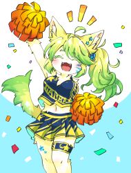  1girl :3 ahoge animal_ear_fluff animal_ears arm_up blue_scrunchie blush breasts cat_ears cheerleader closed_eyes clothes_writing colored_eyelashes confetti crop_top facing_viewer fangs from_side furry furry_female gradient_hair gradient_tail hair_ornament highres kedamamax large_breasts multicolored_background multicolored_clothes multicolored_hair multicolored_shirt multicolored_skirt navel open_mouth original pleated_skirt pom_pom_(cheerleading) scrunchie short_eyebrows side_ponytail skirt solo star_(symbol) star_hair_ornament star_sticker thigh_strap two-tone_background two-tone_shirt two-tone_skirt yellow_fur 