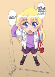  1girl bag blonde_hair blue_eyes colorized from_above handbag hard-translated loli long_hair looking_up pani_poni_dash! pov rebecca_miyamoto shoes shorts sneakers solo third-party_edit youkan  rating:Questionable score:76 user:danbooru