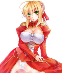  10s 1girl :o ahoge blonde_hair blush breasts cleavage cleavage_cutout clothing_cutout dress epaulettes fate/extra fate_(series) female_focus green_eyes hair_between_eyes hair_bun hair_ribbon large_breasts long_sleeves looking_at_viewer nero_claudius_(fate) nero_claudius_(fate) nero_claudius_(fate/extra) panties pantyshot red_dress ribbon ryuushou see-through short_hair simple_background solo underwear white_background white_panties 