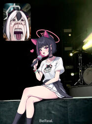  2girls absurdres animal_ears black_choker black_hair black_socks blue_archive blush breasts cat_ears choker collarbone colored_inner_hair drum extra_ears fan_screaming_at_madison_beer_(meme) fang grey_hair grey_halo hair_ornament hairclip halo heart highres holding holding_microphone instrument kayoko_(blue_archive) kazusa_(band)_(blue_archive) kazusa_(blue_archive) long_hair medium_breasts meme metaljelly microphone multicolored_hair multiple_girls open_mouth photo_background pink_hair pink_halo pleated_skirt red_eyes shirt short_hair short_sleeves sitting skirt smile socks teeth tongue white_shirt white_skirt 