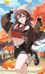  1girl autumn_leaves bare_shoulders beanie belt black_belt black_footwear black_nails blue_sky brown_hair brown_jacket choker cloud crop_top day flower-shaped_pupils genshin_impact hair_ornament hairclip hashtag-only_commentary hat highres himari_(himari_ttc) hu_tao_(galaxy_store)_(genshin_impact) hu_tao_(genshin_impact) jacket long_hair long_sleeves looking_at_viewer midriff navel open_clothes open_jacket red_choker red_shirt shirt shoes sky sleeveless sleeveless_shirt solo standing standing_on_one_leg stomach symbol-shaped_pupils thighs very_long_hair white_hat 