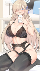 1girl absurdres asuna_(blue_archive) black_bra black_panties blue_archive blue_eyes blush bra breasts cellphone cleavage garter_belt hair_over_one_eye highres holding holding_phone huge_weapon kook large_breasts light_brown_hair lingerie long_hair looking_at_viewer mole mole_on_breast navel open_mouth panties phone sitting smartphone smile solo swept_bangs thighhighs underwear underwear_only very_long_hair weapon rating:Sensitive score:131 user:danbooru