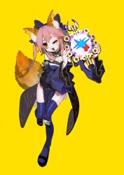 1girl absurdres animal_ear_fluff animal_ears bare_shoulders black_footwear blue_bow blue_kimono blue_sleeves blue_thighhighs bow breasts commentary_request detached_sleeves fangs fate/extra fate/grand_order fate_(series) fox_ears fox_girl fox_tail full_body hair_bow hands_up highres holding holding_mirror japanese_clothes kimono long_hair long_sleeves looking_at_viewer mirror okobo pelvic_curtain pink_hair restaurant1969 sandals simple_background smile solo standing standing_on_one_leg strapless_kimono tabi tail tamamo_(fate) tamamo_no_mae_(fate/extra) thighhighs wide_sleeves yellow_background yellow_eyes 