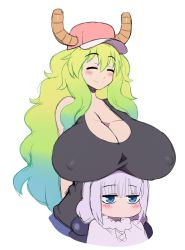 ... 2girls age_difference aqua_hair arms_behind_back bare_shoulders blue_eyes blush breast_press breast_rest breasts cleavage closed_eyes covered_erect_nipples eric_lowery female_focus gradient_hair green_hair hat highres horns huge_breasts kanna_kamui kobayashi-san_chi_no_maidragon light_purple_hair loli long_hair lucoa_(maidragon) multicolored_hair multiple_girls no_bra onee-loli smile very_long_hair yuri rating:Questionable score:85 user:fakyuh