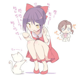  +_+ 2girls :o animal blade_(galaxist) blue_eyes blush bow brown_hair cat cellphone commentary convenient_leg cropped_torso dress fang gegege_no_kitarou hair_between_eyes hair_bow holding holding_phone inuyama_mana long_sleeves looking_away multiple_girls nekomusume nekomusume_(gegege_no_kitarou_6) open_mouth paw_pose phone pointy_ears ponytail purple_hair red_bow red_dress red_footwear shirt shoes short_hair side_ponytail sidelocks sleeveless sleeveless_dress squatting taking_picture white_shirt yellow_eyes  rating:Sensitive score:10 user:danbooru