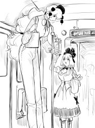  2girls dress frogsnake front_ponytail greyscale headdress height_difference junko_(touhou) kagiyama_hina long_hair long_legs looking_at_another monochrome multiple_girls pants sketch standing tall_female touhou train train_interior 