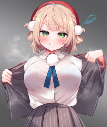  1girl blue_bra blush bra bra_visible_through_clothes breasts festa11307070 green_eyes grey_skirt indie_virtual_youtuber jacket large_breasts light_brown_hair looking_at_viewer open_clothes open_jacket pleated_skirt shigure_ui_(vtuber) shirt shirt_tucked_in simple_background skirt smile solo steaming_body striped_clothes striped_skirt underwear undressing vertical-striped_clothes vertical-striped_skirt virtual_youtuber white_shirt 