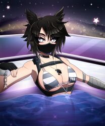  1girl absurdres animal_ears bandages black_hair bra chest_harness choker cuffs eyes_visible_through_hair fingerless_gloves gloves grey_eyes harness highres hot_tub jewelry jhonya key key_necklace kisu mask messy_hair mouth_mask necklace scar shackles short_hair swimsuit underwear vrchat wolf_ears  rating:Sensitive score:6 user:danbooru