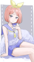  1girl absurdres arm_support blue_sailor_collar blue_shorts bob_cut bow_hairband commentary expressionless grey_background hairband highres jyoji00 looking_at_viewer neckerchief original red_hair sailor_collar shirt short_shorts shorts sitting sleeveless sleeveless_shirt solo white_shirt yellow_hairband yellow_neckerchief 