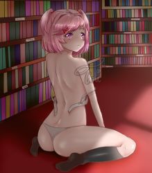 1girl ass bare_back blush bra doki_doki_literature_club looking_at_viewer looking_back natsuki_(doki_doki_literature_club) panties pink_eyes pink_hair short_hair socks solo thighs tini underwear rating:Questionable score:68 user:hmeister