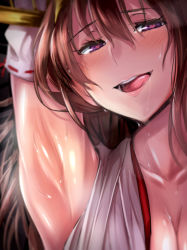 10s 1girl :p arm_up armpits bad_id bad_pixiv_id bare_shoulders blush breasts brown_hair cleavage detached_sleeves hairband headgear heart heart-shaped_pupils japanese_clothes kantai_collection kongou_(kancolle) licking_lips long_hair looking_at_viewer open_mouth saliva smile solo steam sweat symbol-shaped_pupils tongue tongue_out ulrich_(tagaragakuin) rating:Questionable score:65 user:danbooru