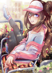 1girl absurdres artist_name artstation_username ass breasts brown_hair chair creatures_(company) deviantart_username double_bun doughnut_hair_bun eyes_visible_through_hair female_focus fishnet_pantyhose fishnets game_freak gensox hair_bun hat highres jacket long_hair long_sleeves looking_at_viewer multicolored_clothes multicolored_jacket nintendo open_clothes open_jacket outdoors pantyhose patreon_username pink_jacket pokemon pokemon_bw2 purple_eyes rosa_(pokemon) shirt shoes solo twintails twitter_username watermark web_address white_jacket