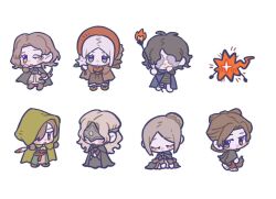  6+girls anastacia_of_astora black_robe blindfold bloodborne bonnet brown_hair cape chibi cloak closed_eyes commentary dagger dark_souls_(series) dark_souls_i dark_souls_ii dark_souls_iii demon&#039;s_souls elden_ring emerald_herald emma_the_gentle_blade english_commentary eyelashes fire fire_keeper green_cape green_hood hair_intakes holding holding_dagger holding_gourd holding_knife holding_staff holding_weapon hood hooded_cloak knife la_bo_chu_shi maiden_in_black melina_(elden_ring) multiple_girls one_eye_closed plain_doll robe sandals scar sekiro:_shadows_die_twice simple_background sitting staff trait_connection weapon white_background zouri 