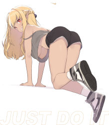1girl absurdres arm_support artist_name ass bent_over blonde_hair blush braid breasts bright_pupils camisole cloba crop_top dark-skinned_female dark_skin english_text french_braid from_side full_body grey_camisole grin hanging_breasts highres hololive large_breasts long_hair looking_at_viewer looking_back multicolored_hair nike_(company) nipple_slip nipples no_bra pointy_ears red_eyes shiranui_flare shoes short_shorts shorts sidelocks simple_background smile sneakers socks solo strap_slip streaked_hair underboob upshirt virtual_youtuber white_background white_hair white_socks rating:Questionable score:249 user:danbooru