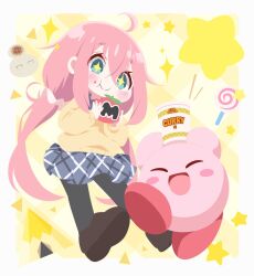  1boy 1girl ahoge black_footwear black_pantyhose blue_eyes blue_skirt blush brown_sweater candy closed_eyes colored_skin commentary_request crossover cup_ramen diamond-shaped_pupils diamond_(shape) eating food hair_ornament hair_scrunchie head_bump highres holding holding_food kagamihara_nadeshiko kirby kirby_(series) lollipop long_hair long_sleeves low_twintails maxim_tomato neru_(neruneruru) nintendo open_mouth pantyhose pink_hair pink_skin scrunchie skirt smile sparkle sparkling_eyes star_(symbol) sweater symbol-shaped_pupils tent twintails very_long_hair yurucamp 