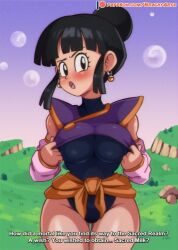  1girl adapted_costume black_eyes black_hair blush bodysuit bodysuit_under_clothes brachyartz chi-chi_(dragon_ball) covered_navel covering_privates covering_breasts dragon_ball dragonball_z earrings jewelry kaioushin leotard looking_at_viewer no_pants patreon_username solo subtitled 