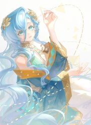  1girl 37_(reverse:1999) :d absurdres ancient_greek_clothes arm_up armlet artist_name bare_shoulders blue_eyes blue_hair blue_robe dated dotted_line geometry gold_choker greco-roman_clothes hair_between_eyes hands_up highres holding laurel_crown long_hair off_shoulder open_mouth reverse:1999 robe signature smile solo triangle upper_body very_long_hair white_background xiaoji_chuangzao 