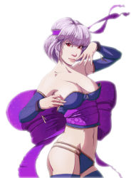 andrew_hibner ayane bikini_bottom_only bowtie breasts censored dead_or_alive headband highres large_breasts lips purple_hair red_eyes short_hair thighhighs rating:Questionable score:16 user:danbooru