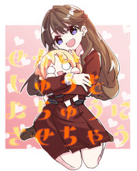  1girl :d blonde_hair border brown_dress brown_hair character_doll check_commentary commentary_request doll dress flower fujishima_megumi full_body gradient_background hair_flower hair_ornament hasu_no_sora_school_uniform heart heart_background highres holding holding_doll hugging_doll hugging_object kanduki_kamibukuro link!_like!_love_live! long_hair long_sleeves looking_at_viewer love_live! medium_dress mira-cra_park! nesoberi open_mouth osawa_rurino outline outside_border parted_bangs pink_background pink_flower pleated_dress purple_eyes revision sailor_collar sailor_dress school_uniform seiza sitting smile solo translation_request twintails two_side_up virtual_youtuber white_border white_flower white_outline white_sailor_collar winter_uniform 