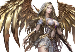 1girl angel blonde_hair blue_eyes bracer breasts cleavage cowboy_shot dong-wook_shin gem goddess_alliance_2 gold_trim highres holding holding_staff jewelry long_hair looking_at_viewer medium_breasts midriff minerva_(goddess_alliance) navel necklace simple_background skirt solo staff standing very_long_hair white_background white_hood white_skirt yellow_wings rating:Sensitive score:15 user:danbooru