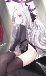 1girl ass black_gloves black_horns black_thighhighs black_wings blue_archive breasts closed_mouth demon_horns demon_wings feet_out_of_frame gloves grey_hair halo highres hina_(blue_archive) hip_focus horns long_hair long_sleeves looking_at_viewer multiple_horns oomabiblogo2 purple_eyes sitting skindentation small_breasts solo thighhighs thighs wings 