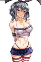  1girl :/ adapted_costume arms_behind_back black_hairband black_panties blue_eyes blue_skirt blush breasts cleavage closed_mouth collarbone commentary_request cosplay cropped_shirt elbow_gloves gloves grey_hair hairband halterneck highleg highleg_panties highres kantai_collection kashima_(kancolle) long_hair looking_at_viewer medium_breasts microskirt mizuki_(uzuki_no_sato) navel panties shimakaze_(kancolle) shimakaze_(kancolle)_(cosplay) shirt skirt solo striped_clothes striped_thighhighs thighhighs twintails twitter_username underwear wavy_hair white_background white_gloves white_shirt 