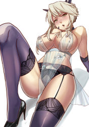  1girl arm_support arms_behind_back artoria_pendragon_(fate) artoria_pendragon_(lancer_alter)_(fate) artoria_pendragon_(lancer_alter)_(royal_icing)_(fate) black_panties blush braid braided_bun breasts cowboy_shot elbow_gloves fate/grand_order fate_(series) garter_straps gloves hair_bun hair_ornament high_heels highres large_breasts leaning_back lingerie long_hair looking_at_viewer official_alternate_costume outstretched_leg panties purple_thighhighs reclining sidelocks solo thighhighs underwear vic_(vedream) white_background white_hair yellow_eyes  rating:Questionable score:42 user:danbooru