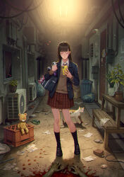  1girl air_conditioner animal backlighting bag black_footwear black_hair blood box cardboard_box cat cellphone chromatic_aberration closed_eyes condenser_unit corpse crate door footprints fuji_q full_body glass_bottle gloves glowing glowing_eyes highres holding holding_phone horror_(theme) industrial_pipe jacket long_hair original paper paw_print phone plant pleated_skirt pool_of_blood potted_plant red_eyes red_skirt school_bag school_uniform security_camera silhouette_demon skirt smartphone solo standing stuffed_animal stuffed_toy sweater taking_picture teddy_bear trash_bag trash_can uniform unworn_gloves window 