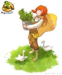  1girl absurdres artist_name basket bird blush boots brown_overalls burger chinese_commentary closed_eyes closed_mouth clover_hair_ornament copyright_notice english_text facing_up fanny_pack faux_figurine food full_body goose grass hair_ornament hat hat_on_back highres holding holding_basket knee_boots leaning_back long_sleeves medium_hair orange_hair original overalls photo_inset plant reference_inset simple_background solo standing twintails weibo_watermark white_background yellow_bag yellow_footwear yellow_hat zhu_yiguo_tian 