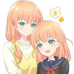  2girls :d aqua_eyes black_shirt blue_sailor_collar blush closed_mouth collarbone commentary crossed_bangs dress flower flower_(symbol) hair_flower hair_ornament hair_over_shoulder highres hinoshita_kaho hinoshita_kaho&#039;s_mother link!_like!_love_live! long_hair looking_at_another love_live! low_ponytail medium_hair mother_and_daughter multiple_girls neckerchief open_mouth orange_hair pinafore_dress rabbit_hair_ornament red_neckerchief sailor_collar school_uniform serafuku shirt sidelocks sleeveless sleeveless_dress smile split_mouth symbol-only_commentary two_side_up virtual_youtuber white_shirt yellow_dress yellow_flower yutuki_ame 