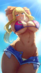  1girl abs akairiot armpits arms_behind_head arms_up artist_name bad_id bad_pixiv_id bare_shoulders bikini bikini_top_only blonde_hair blouse blue_eyes blue_sky blush breasts cleavage clothes_lift cloud denim denim_shorts female_focus grin halter_top_bikini halterneck highres huge_breasts jeans legs_together linea_alba long_hair looking_at_viewer looking_down lowleg metroid mole mole_on_breast mole_under_mouth navel nintendo ocean orange_shirt panties pants ponytail purple_bikini samus_aran shirt shirt_lift short_shorts shorts signature skindentation sky smile solo sunlight swimsuit thick_thighs thighs toned toned_stomach torn_clothes torn_shorts unbuttoned underboob underwear undressing unworn_shirt unzipped  rating:Questionable score:406 user:dmysta3000